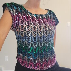 Source Unknown Purple and Green Sequin Cap Sleeve Blouse